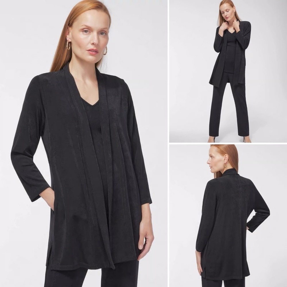 Chicos Women's Sz 1 (US M) Black Travelers Classic Long Knit Open Front Cardigan